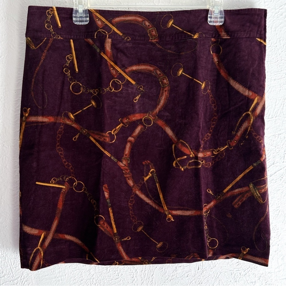 Talbots Equestrian Print Corduroy Mini Skirt Size 14 Maroon Preppy Horse Girl